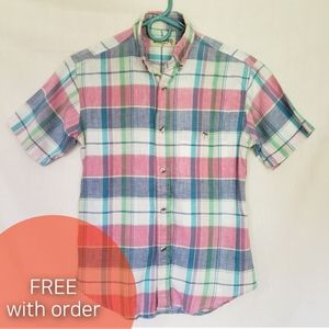 Pastel plaid short-sleeve button down pink blue 16